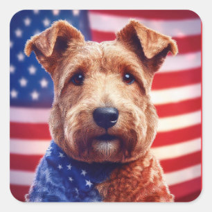 Welsh Terrier mit amerikanischer Flagge und Bandan Quadratischer Aufkleber
