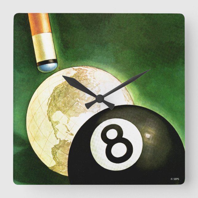 Welt als Cue Ball Quadratische Wanduhr (Vorderseite)