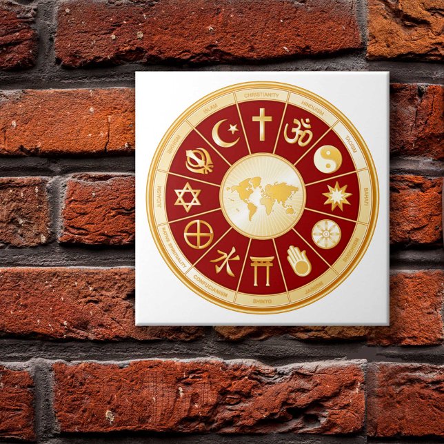 Welt des Glaubens Fliese (World of Faith Photo Print. Gold symbols of international religions surround a world map. )
