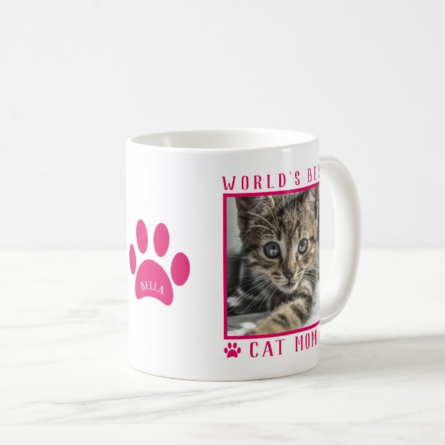 Weltbeste Cat Mama Foto Name Paw Print Hot Pink Kaffeetasse (VorderseiteRechts)
