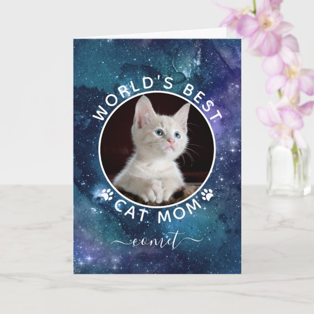 Weltbeste Cat Mama Space Foto Muttertagskarte Karte (Orchidee)