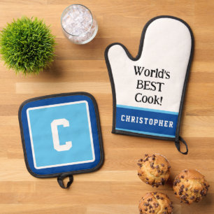 Weltbeste Cook NAME Blue White Monogram Ofenhandschuh & Topflappen-Set