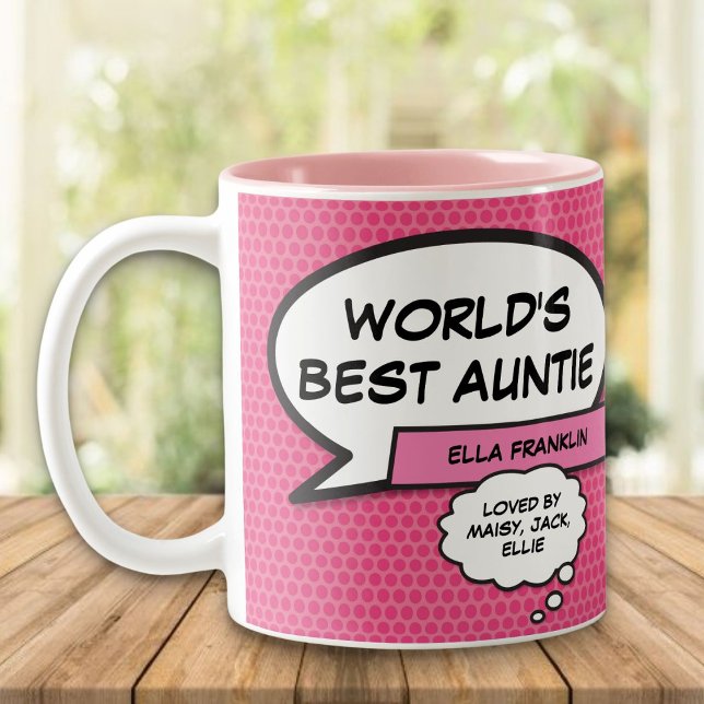 Weltbeste Tante Tante Spaß Cooles Comic Girly Pink Zweifarbige Tasse (Von Creator hochgeladen)
