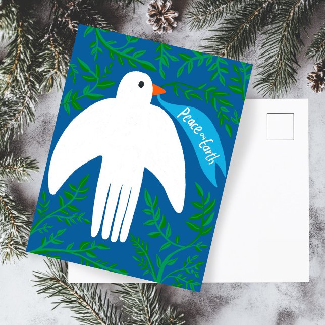 Weltfrieden Dove Weihnachten Weihnachten Weihnacht Postkarte (Peace on Earth Dove Christmas Xmas Holiday Hand Drawn Botanical Blue Postcard
)