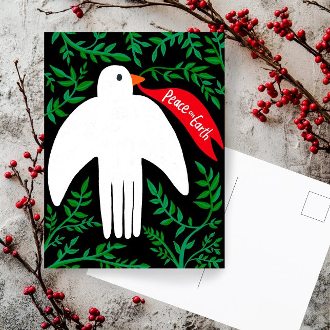 Weltfrieden Dove Weihnachtsfeiertag Postkarte (Peace on Earth Dove Christmas Xmas Hand Drawn Botanical Foliage  Holiday Postcard
)