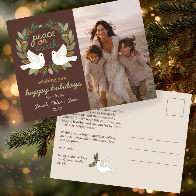 Weltfrieden Doves CUSTOM FOTO Feiertagspostkarte (Peace on Earth Doves Christmas CUSTOM PHOTO Holiday Postcard
)