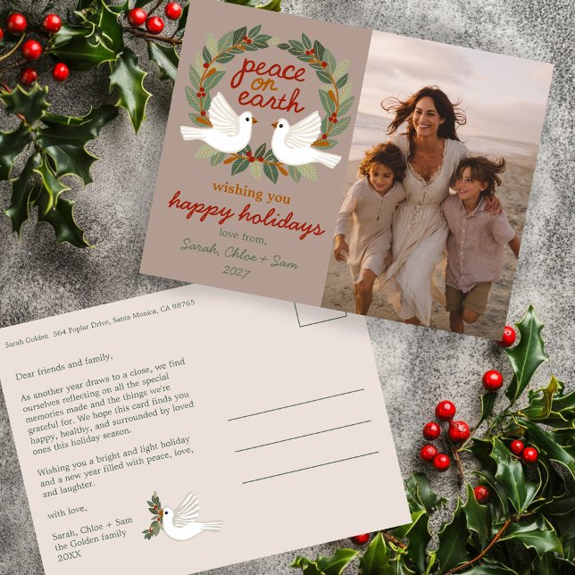 Weltfrieden Doves CUSTOM FOTO Feiertagspostkarte (Peace on Earth Doves Christmas CUSTOM PHOTO Holiday Postcard
)