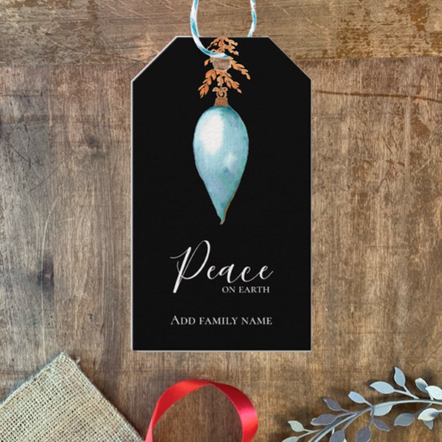 Weltfrieden Handgemalt blaue Wasserfarbe Custom Geschenkanhänger (Peace on Earth minimalist elegant script. Christmas holiday watercolor personalized gift tag.)