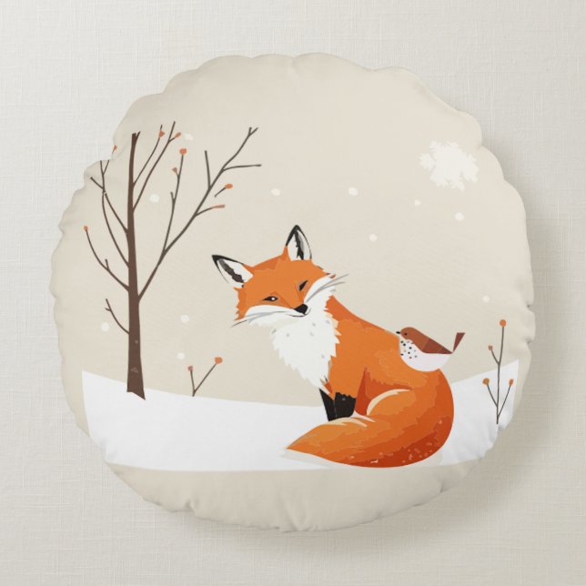 Weltfrieden Minimalistisch Fox Bird Niedlicher Tie Rundes Kissen (Vorderseite)