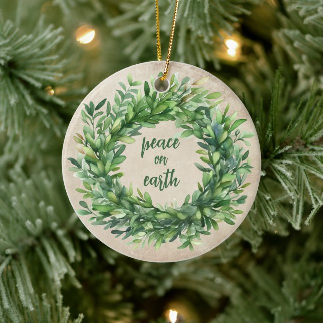 Weltfrieden Rustikale Boxwood Wasserfarben Urlaub Keramik Ornament (Baum)