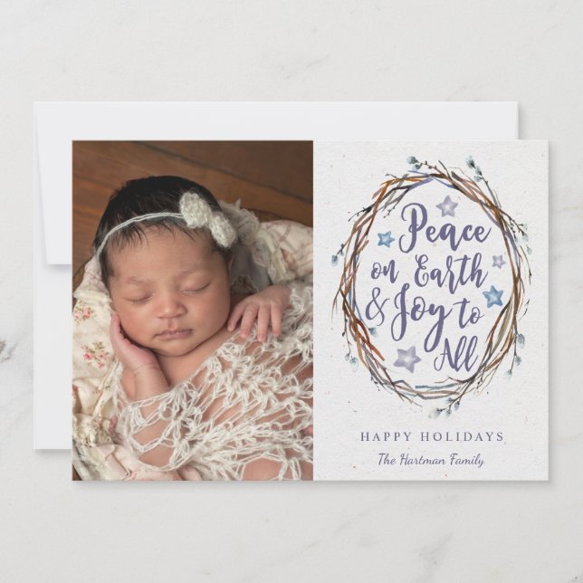 Weltfrieden Rustikaler Kranz Weihnachtsfeiertag Fo Feiertagskarte (Vorderseite)