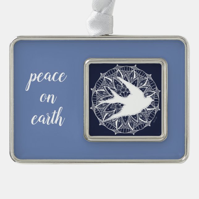 Weltfrieden-TaubeMandala Rahmen-Ornament Silber (Vorderseite)