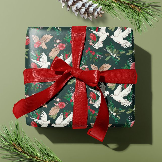 Weltfrieden Taucht grünes Blumenmuster ein Geschenkpapier (Peace on Earth Doves green Floral pattern Wrapping Paper)
