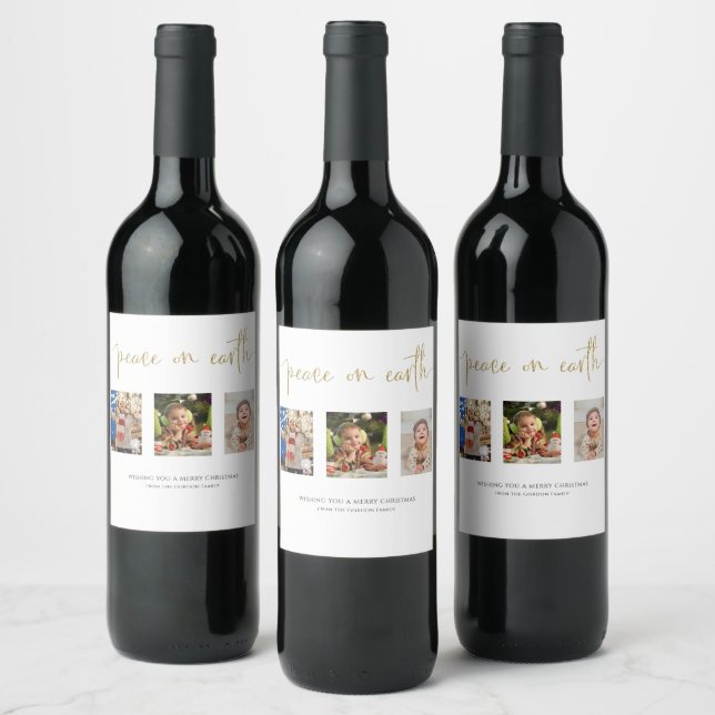 Weltfrieden Weihnachten 3 Foto Collage Glitzer Weinetikett (Flaschen)