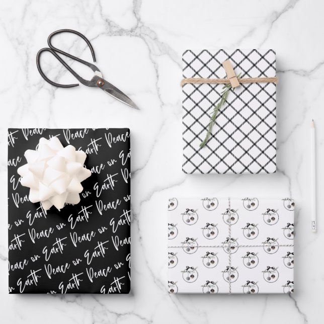 Weltfrieden Winter Black Pattern Geschenkpapier Set (Vorderseite)