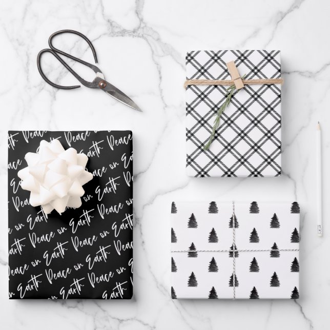 Weltfrieden Winter Black Patterns Geschenkpapier Set (Vorderseite)