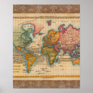 Weltkarte 1780 Bonne Antique Planisphäre  Poster