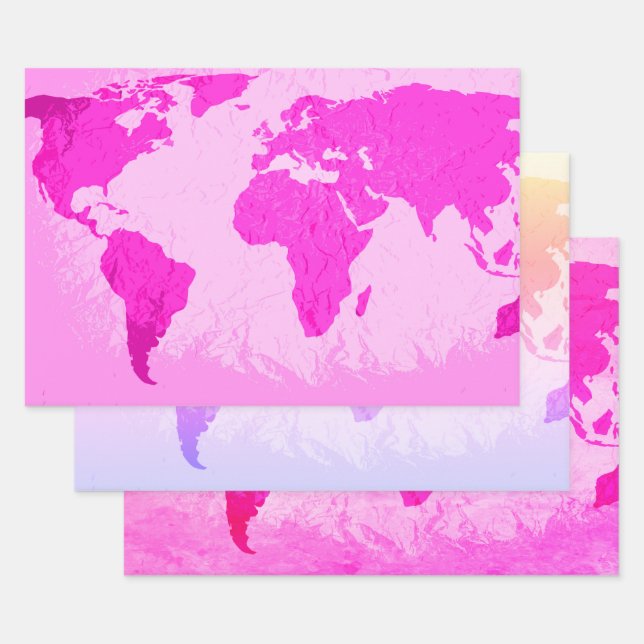 Weltkarte Abstrakt Reisender Pink Lila Ombre Geschenkpapier Set (Set)