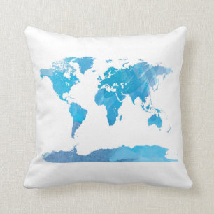Weltkarte-Aquarell, das blaue Kunst malt Kissen