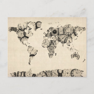 Weltkarte aus alten Uhren Postkarte