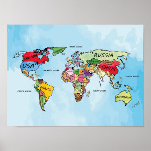 Weltkarte der Aquarellbilder Poster