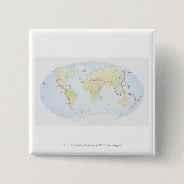 Weltkarte, die Standorte der vulkanischen Button (Vorderseite)