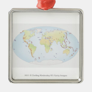 Weltkarte, die Standorte der vulkanischen Silbernes Ornament