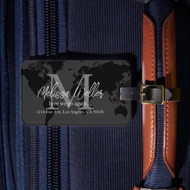 Weltkarte Dunkelgrau Reisende Monogramm Gepäckanhänger (Vorderseite Insitu 4)