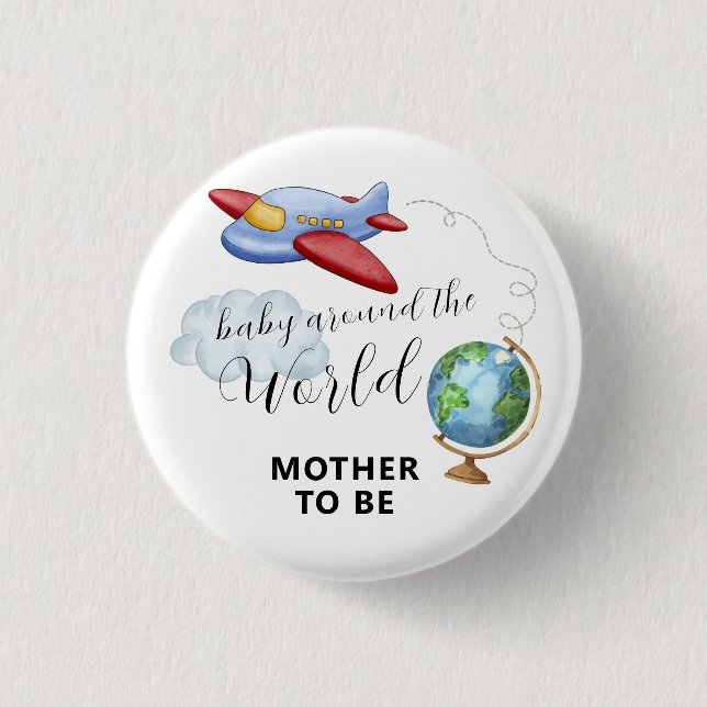 Weltkarte Flugzeug Mutter Schwanger Baby Shower Button (Vorderseite)