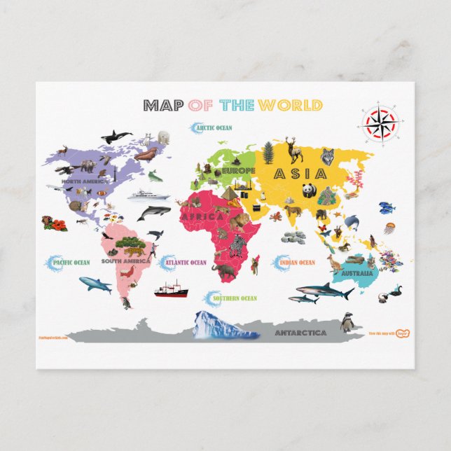 Weltkarte für die Kinder - weiß und hell Postkarte (Vorderseite)