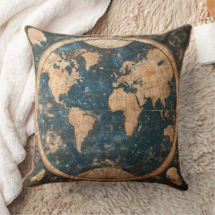 Weltkarte für Vintages Blau und Gold Kissen