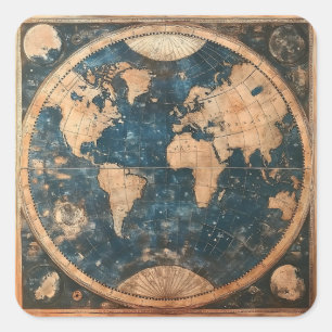 Weltkarte für Vintages Blau und Gold Quadratischer Aufkleber