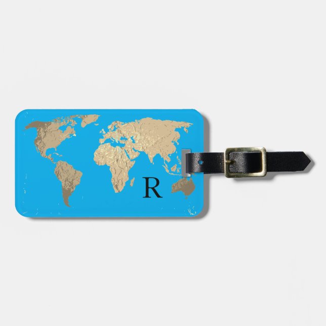 Weltkarte Gold Blau Schwarzes Monogramm Geschenk Gepäckanhänger (Vorderseite horizontal)