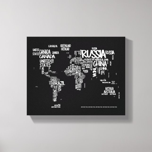 Weltkarte Handgeschriebene Typografie, Schwarz und Leinwanddruck (Vorderseite)