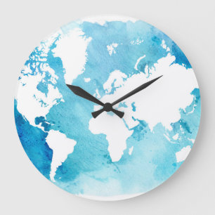 Weltkarte in den Watercolor-Blues Große Wanduhr