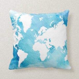 Weltkarte in den Watercolor-Blues Kissen
