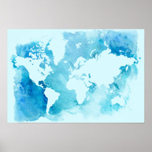 Weltkarte in den Watercolor-Blues Poster