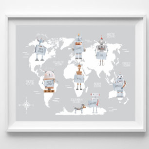 Weltkarte Jungen Druck, Roboterkunst Kinderzimmer Poster