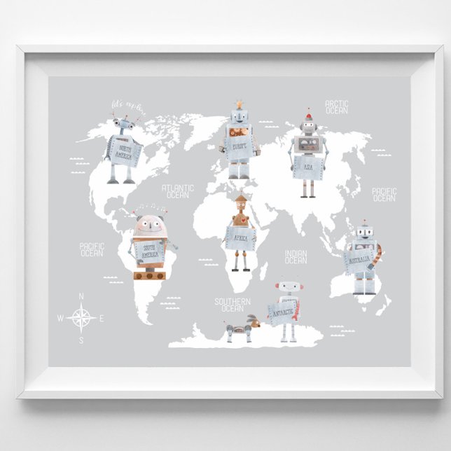 Weltkarte Jungen Druck, Roboterkunst Kinderzimmer Poster (Von Creator hochgeladen)