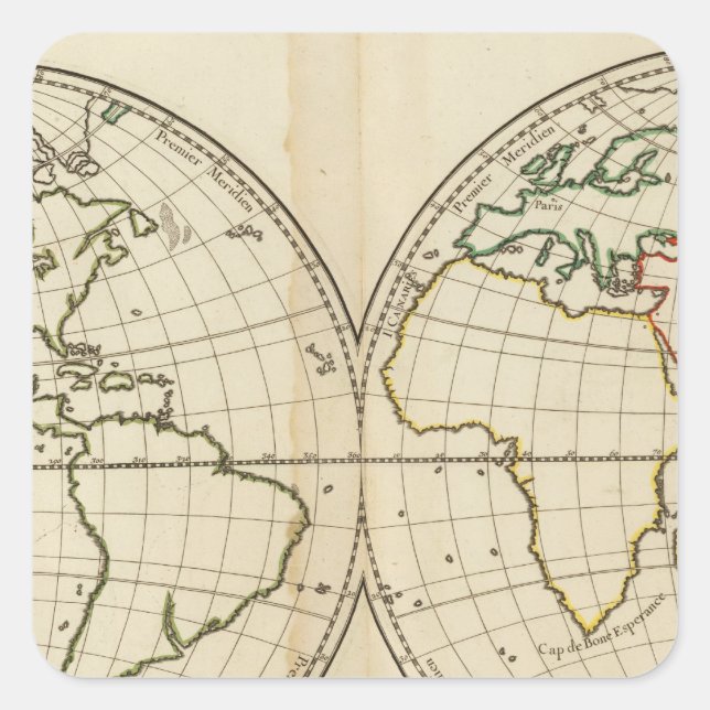 Weltkarte mit Latitude und Longititude Quadratischer Aufkleber (Vorderseite)
