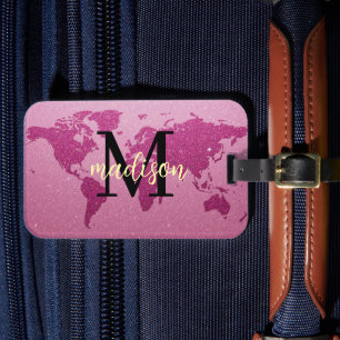Weltkarte mit rosa Glitter und individuellem Monog Gepäckanhänger