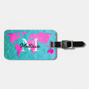 Weltkarte Monogram Aquamarin Blue Pink Gold Foil C Gepäckanhänger
