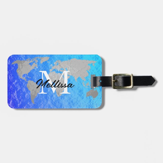 Weltkarte Monogram Graue blaue Foil Glittery Custo Gepäckanhänger (Vorderseite horizontal)