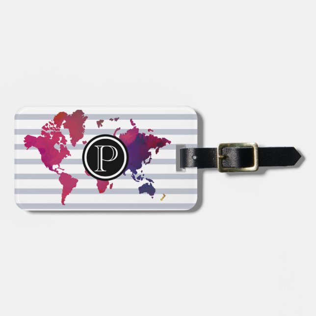 Weltkarte-Monogramm-Initialen-modernes Chic Gepäckanhänger (Vorderseite horizontal)