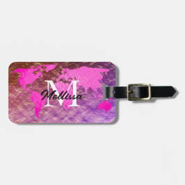 Weltkarte Monogramm Rosa Rose Gold Glitzer Reisend Gepäckanhänger