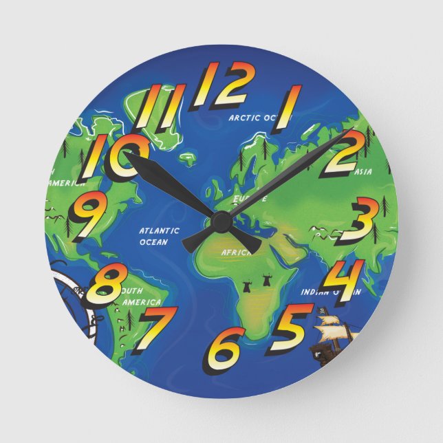 Weltkarte Runde Wanduhr (Vorderseite)