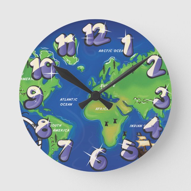Weltkarte Runde Wanduhr (Vorderseite)