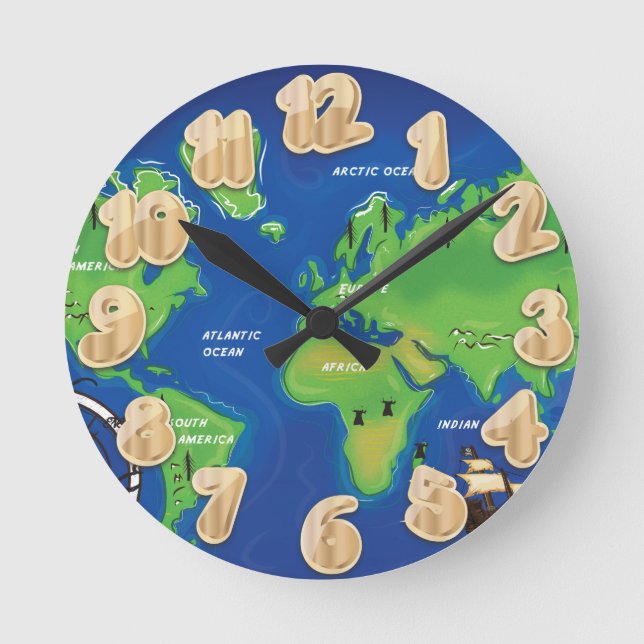 Weltkarte Runde Wanduhr (Vorderseite)