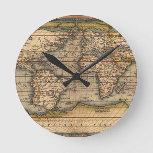 Weltkarte von Abraham Ortelius 1564 im Vintage-Sti Runde Wanduhr