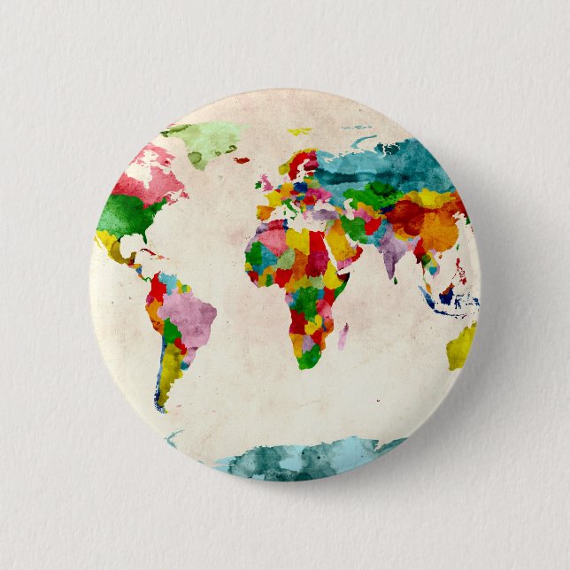 Weltkarte Wasserfarben Button (Vorderseite)